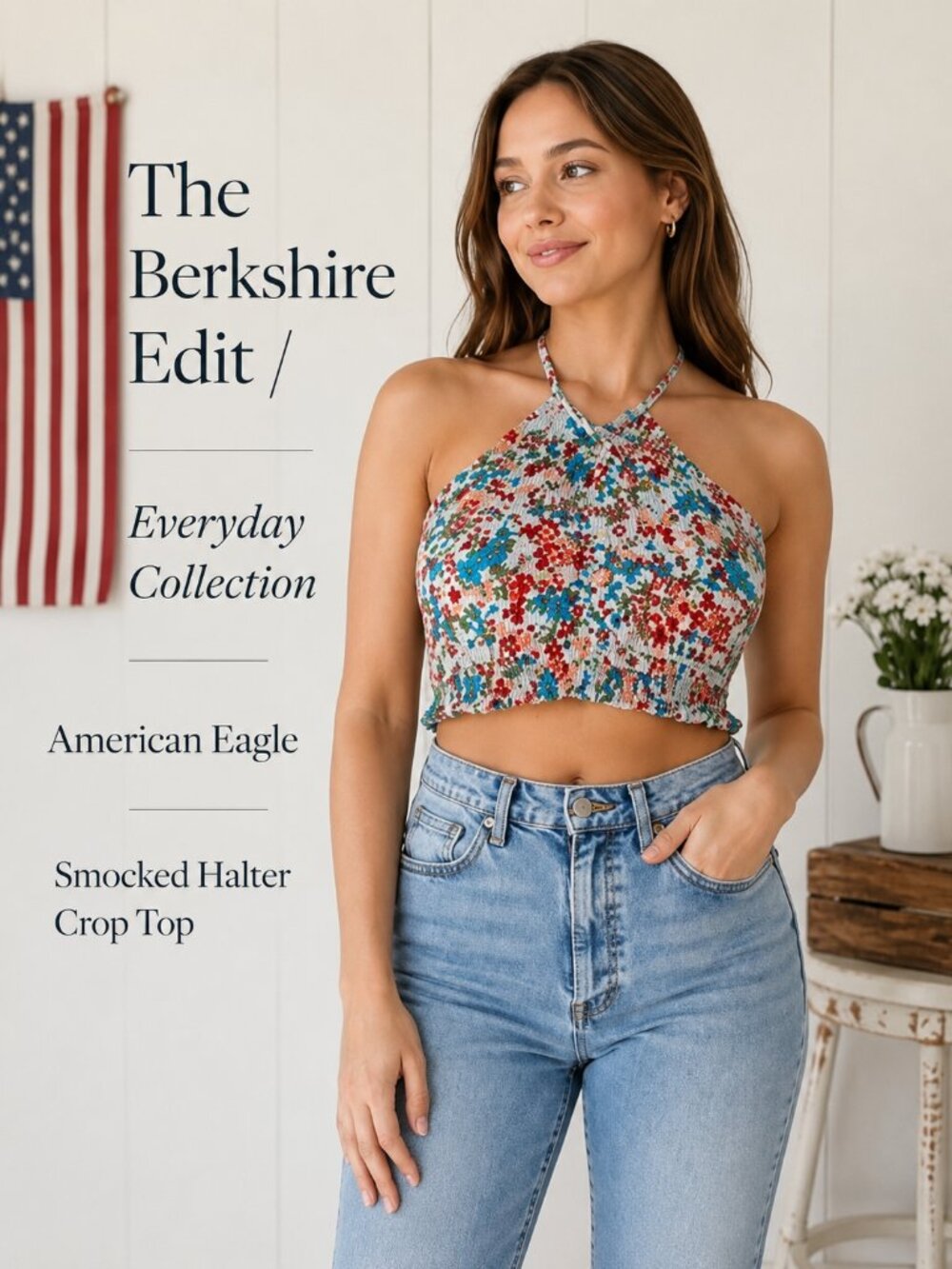 American Eagle Floral Smocked Halter Crop Top XL NWT Y2K Festival Boho